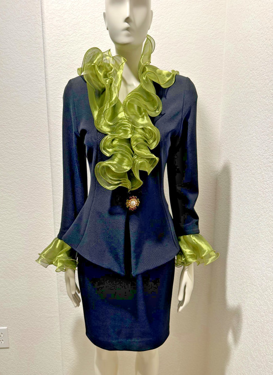Lillie Rubin Dresses & Skirts - Vtg Cocktail Lillie Rubin Black Jacket Skirt Ruffled Green Organza Collar 6 Suit